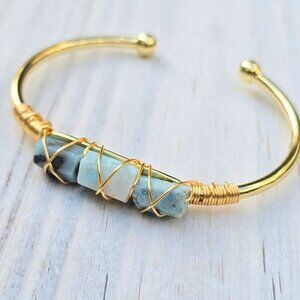 Larimar ✦ 3‑Stone Wire Wrap Ocean Calm Cuff ✦ 14Kt Gold Over Copper Talisman